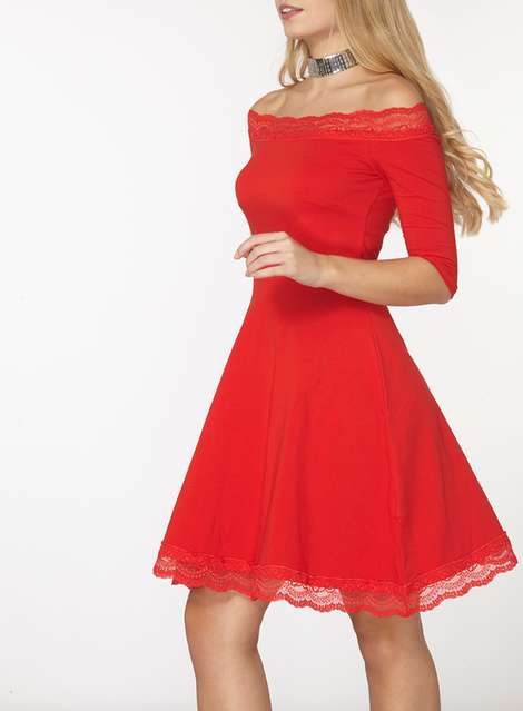 Red Lace Bardot Dress